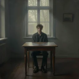a painting of jeremy mann, one single young man sitting behind only one small table in the center of a dimly lit room, dramatic vignette, 1 9 4 0 french interior, afternoon light, dreamy, misty claustrophobic, desaturated, ominous, unsettling, creepy