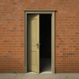 an open door to nothingness in brick wall, painting by rene magritte, centered, high detail, high resolution