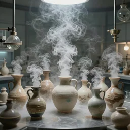 an alchemical laboratory of voices, cermaic vessels, vapour, no humans, air flow, 8 k, unreal,