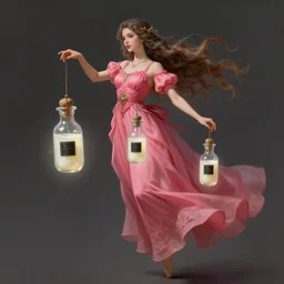 a beautiful 4 0 years old chatain hair woman in a pink - red long dress levitates three precious little transparent bottle filled with a magic ivory white liquid with a black sticker on it, fantasy, intricate, elegant, highly detailed, digital painting, artstation, concept art, matte, sharp focus, illustration,