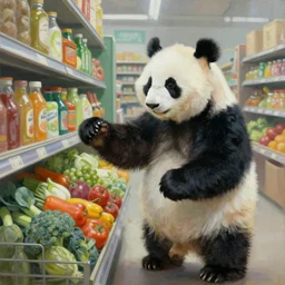 a humanoid panda buying groceries, oil painting