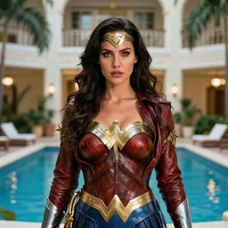 wonder woman portrait, leather robe and decollete bra, art by artgerm, wlop, loish, ilya kuvshinov, 8 k realistic, hyperdetailed, beautiful lighting, fancy hotel, pool, tropical, detailed background, depth of field, symmetrical face, frostbite 3 engine, cryengine,