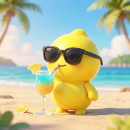 very very very octane render of a chibi yellow!!!!! lemon!!!!! head!!!!! with no body sipping on a delicous caribbean drink wearing sunglasses relaxing on a tropical beach at sunrise