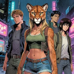 beautiful portrait commission of a female furry anthro mountain lion wearing casual clothes. Cyberpunk city at night in the rain. Neon light. Atmospheric. Character design by charlie bowater, ross tran, artgerm, and makoto shinkai, detailed, inked, western comic book art