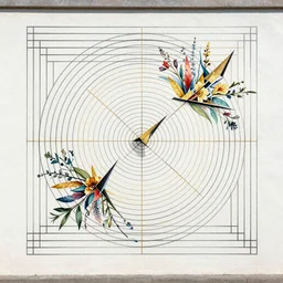abstract composition with parallel line elements, 4 5 degree angle elements, concentric circle elements, right triangle elements, golden ratio elements, exploding floral elements, all moving through time, beautiful realistic, outdoor mural