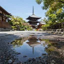 sunny day in kyoto, puddles, realistic, ultra realism, intricate, atmospheric, 8 k resolution, rendered in 3 ds max