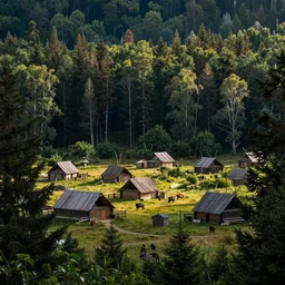 elaborate dense beautiful scene from a forest native american village