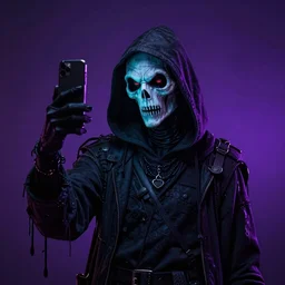 highly detailed portrait of a scene of the Grim Reaper taking a selfie, mucha, colorful, purple, black, highly rendered, beautiful, cyberpunk, very highly detailed, symmetrical, archillect, moody lighting, glowing light and shadow, atmospheric, studio lighting, 8K