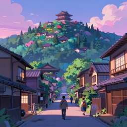 a japanese city in the mountain, ryokans and edo era houses, yokai walking around, epic cyberpunk, lofi, vivid colors, amazing light, beautiful nature, by jeremy lipkin, by claude monet, heavily inspired by makoto shinkai, kandinsky touches, inspired by ghibli, masterpiece, beautiful, multiple brush strokes, impressionist style, high contrast