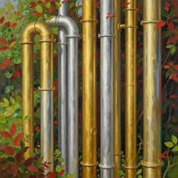 metal tin iron brass polished shiny pipes with red and green leaves made of gold and silver artstation illustration sharp focus sunlit vista painted by ruan jia raymond swanland lawrence alma tadema zdzislaw beksinski norman rockwell tom lovell alex malveda greg staples