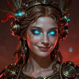 the goddess athena smirking, steampunk, glowing eyes, volumetric lights, red and cyan theme, art nouveau botanicals, intricate, highly detailed, digital painting, artstation, concept art, smooth, sharp focus, cinematic, illustration, beautiful face, by artgerm shaun tan