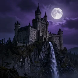 castle of dracula carved into an ominous mountain side, black waterfall, cliff, purple clouds, full moon, dramatic lighting, artstation, matte painting, raphael lacoste, simon stalenhag, frank lloyd wright