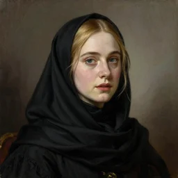a vintage portrait painting of elle fanning in prey wearing a black baclava, highly detailed, art by tristan eaton and artgerm and william - adolphe bouguereau