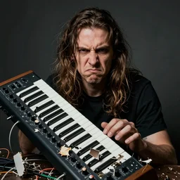 portrait of extremely frustrated male electronic serialist compser with long brown hair in front of his broken synthesizer, all ruined, expressionist photo, masculine, brutal