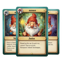 garden gnome trading cards. magical attributes, spells, strengths and weakness, points, intricate borders, trading card style