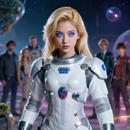 studio portrait of an absurdly beautiful japanese female goddess with blonde hair and glowing royal blue eyes in luxurious space suit in a scenic multiversal environment by james jean, amano yoshitaka, marc simonetti, jean giraud, martine johanna, josan gonzalez, peter mohrbacher, smooth, sharp focus, octane render