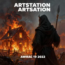 a cloaked demon holding a spear watching a house on fire, digital art, oil on canvas, trending on Artstation, award-winning