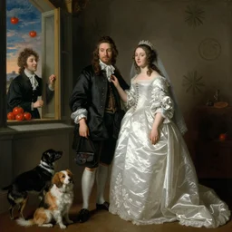 baroque portrait of a couple marrying with a friend staring from outside window surrounded by dogs and tomatoes