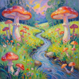 an impressionist painting of a gorgeous meadow with a stream flowing through it surrounded by ( ( ( ( ( large mushrooms ) ) ) ) )!!!!!!!!!, psychedelic colors, trending on artstation