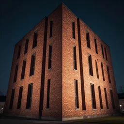 facade of cubic building made of bricks, two-point perspective, volumetric rays, cinematic lighting, 4k, 8k