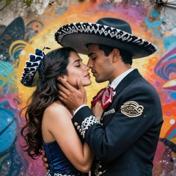 mariachi by android jones apocalyptic. in this street art a young couple is shown in a passionate embrace. the woman's face is hidden by the man's shoulder, but her eyes are visible & they are filled with love & desire. the man's face is also hidden, but his hand is visible as it caresses the woman's cheek. the background is a blur of colors, but the focus is on the two lovers. they are surrounded by an aura of love & happiness, & it is clear that they are completely devoted to each other.