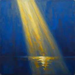 An abstract oil painting of golden light beam shining through deep blue background, artstation, glazed finish with resin