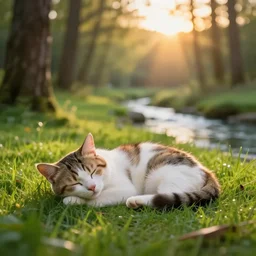 a singular cute cat, sleeping on the grass in a forest, near a small river at sunset, godrays, complementary colors, warm lighting, raytracing