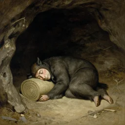 sleepy gremlin rolled up for sleep in a dark cave, N. C. Wyeth ,