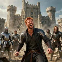 laughing ( ( ( ( copper haired chris hemsworth ) ) ) ) as destruction from sandman looking like kristofer hivju!!, in front of a destroyed castle, medival armour!!, by jeremy mann, by frank moth, jeff easley, alphonse mucha, dave mckean, soft lightning, high detailed, 8 k