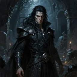 a highly detailed fullsize portrait painting of evil arcanist warrior with piercing eyes and black hair standing in dark tomb setting, dynamic lighting, ambient lighting, deviantart, art by artgerm and karol bak and mark brooks