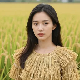 realistic portrait photorealistic, background in the rice fields. woman in clothes made of rice straw. fine art, trending on artstation, smooth draw, sharp focus, good lighting, no anomalies.