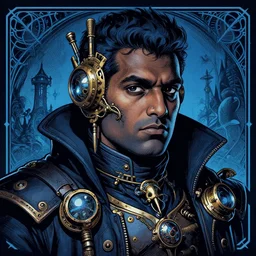 a detailed portrait illustration of a steampunk necromancer. chubby plump indian male face, dark skin, blue. art nouveau, pop art, comic book style. influenced by neil gaiman, h. p. lovecraft, dan mumford, michael hutter, vadim voitekhovitch, killian eng, ross tran, cedric peyravernay.