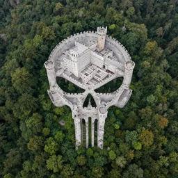 aerial view of an ancient castle in a forest shaped like the punisher symbol