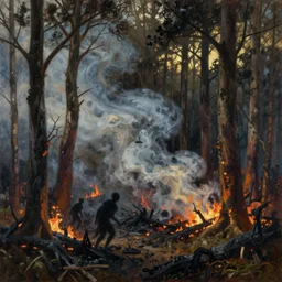 burned forest, smoke, shadowy creatures, extremely detailed oil painting, rhads, sargent and leyendecker, savrasov levitan polenov, bruce pennington, studio ghibli, tim hildebrandt, digital art, landscape painting, trending on artstation, masterpiece