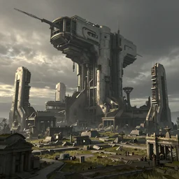 a landscape of ancient ruined cyberpunk megastructures, partially operational, joseph wright of derby, peder severin kroyer, unreal engine, detailed, at dusk.