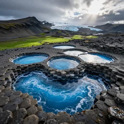 birds eye view hexagonal basalt, bright blue pools of water with swirling seafoam, patches of green fields, black volcanic rock, icy glaciers,