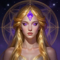 head and waist portrait of a gallent attractive goddess with glowing purple third eye chakra and golden hair, geometric third eye triangle, sci - fi face, sacred geometry mandal background, breathtaking stars, elegant, highly detailed, digital painting, artstation, concept art, smooth, sharp focus, spiritual art, art by artgerm and greg rutkowski and alphonse mucha, psychedelic