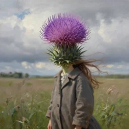 portrait, enormous thistle flower as head, a girl wearing a coat in field, surreal photography, wind, cloudy sky, dramatic light, impressionist painting, digital painting, artstation, simon stalenhag