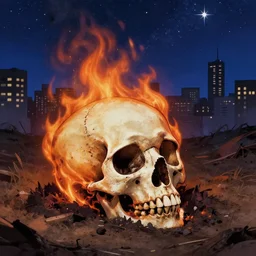 a burning skull burried in ground, reg rutkowski, macoto takahashi, big major starry sky and city in background