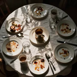 a breakfast table filled with dirty plates cups glasses chopsticks cutlery, overhead shot
