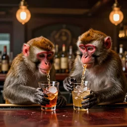 monkeys drinking alcohol, inside a bar, vibrant colors, hyper-realistic, extreme detail, sharp photo, beautiful, cinematic, 4K