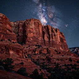 sedona's cathedral rock bluff, night, milky way, intricate lines, elegant, extreme detail, sharp focus, photo realistic, ultra realistic, photographic