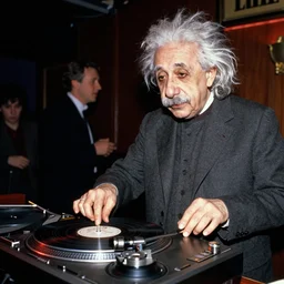 color photograph of Albert Einstein DJing a record player at a nightclub, color photograph, color photograph