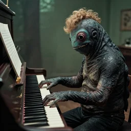 a tardigrade is playing piano with elton john. realistic. folk horror