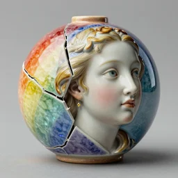 a cracked ceramic rainbow brite toy painted with poor pigments, a flemish baroque, ceramic surface painted by dino valls, trending on zbrush central, classical realism