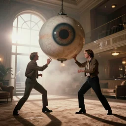 photorealistic wide two shot cinematography of a young william shatner fighting a giant floating eyeball sci - fi prop in a twilight zone episode shot on film at magic hour with the sun shining into a large 6 0's hotel lobby room filled with volumetric haze by the shining cinematographer john alcott on a cooke panchro 2 7 mm lens.