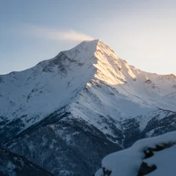 beautiful snow covered mountain, lens focused on mountain, sunrays just falling on peak, ultra realistic, natural, 8 k render