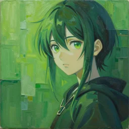 oil painting of mashup anime on a green wall, green overtones, highly detailed, stylized, abstract