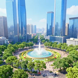 crowded green square with trees and fountain surrounded by humongous blue shiny buildings, sunny day, volumetric light, wide view, hyperdetailed, artstation, cgsociety, 8 k