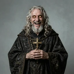 baroque portrait of a old fantasy priest, unwashed, laughing, glowing eyes, crazed